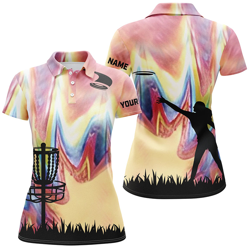 Womens disc golf polo shirt with colorful tie dye background disc golf basket custom disc golf jerseys NQS6204