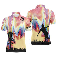 Load image into Gallery viewer, Mens disc golf polo shirts with colorful tie dye background disc golf basket custom disc golf jerseys NQS6204