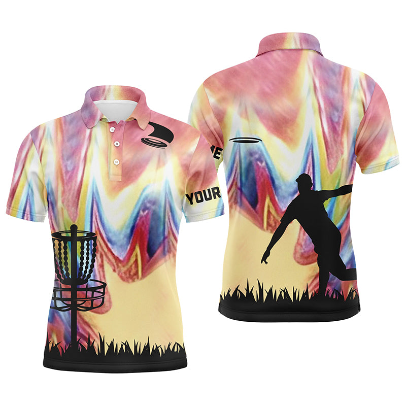 Mens disc golf polo shirts with colorful tie dye background disc golf basket custom disc golf jerseys NQS6204