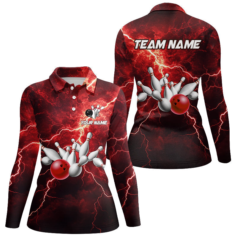 Women bowling shirts Custom red lightning thunder Bowling Team Jersey, gift for team Bowlers NQS8533