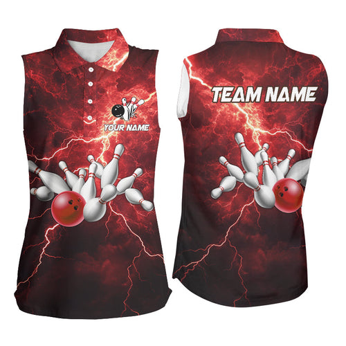 Women bowling sleeveless polo shirts Custom red lightning thunder Bowling Team Jersey team Bowlers NQS8533