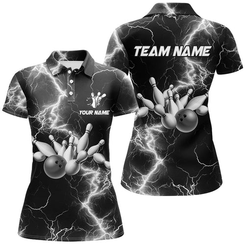 Women bowling shirt Custom black and white lightning thunder Bowling Team Jersey, gift for team Bowler NQS8534