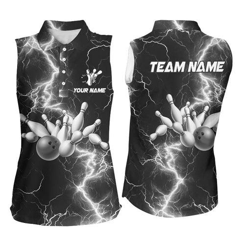 Women bowling sleeveless polo shirts Custom black and white lightning thunder Bowling Team Jersey NQS8534