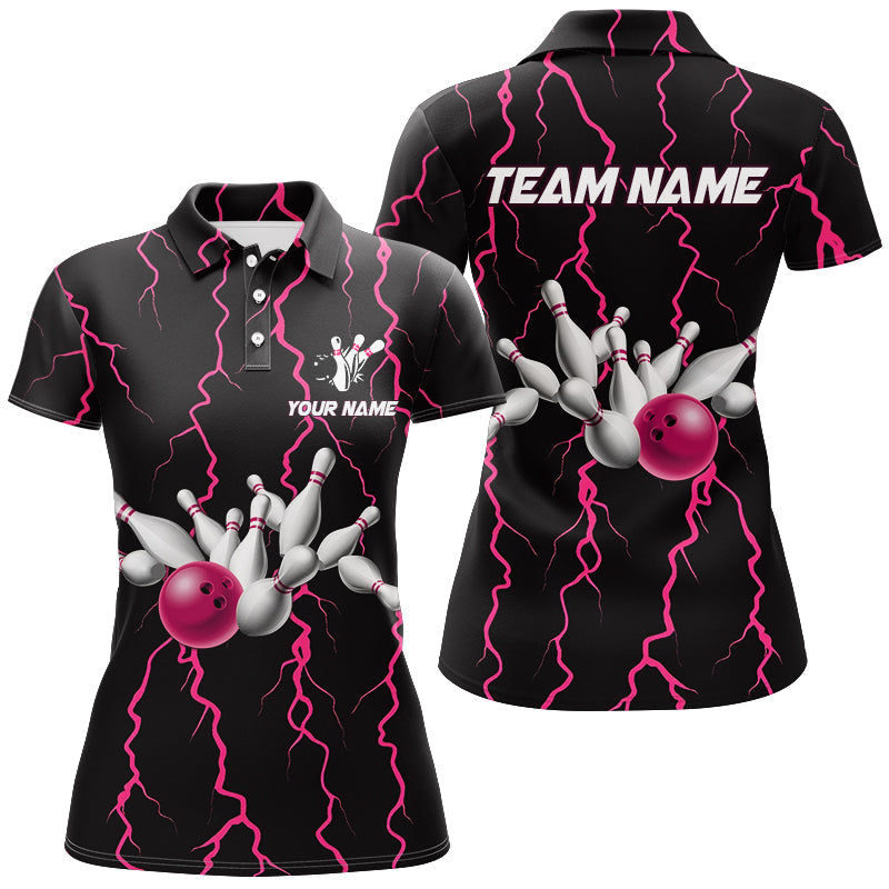 Women bowling shirt Custom black and pink lightning thunder Bowling Team Jersey, gift for team Bowler NQS8535