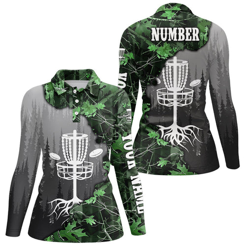 Womens disc golf polo shirt custom green camo forest tree disc golf basket, frisbee golf jerseys NQS8538