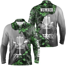 Load image into Gallery viewer, Mens disc golf polo shirt custom green camo forest tree disc golf basket, frisbee golf jerseys NQS8538