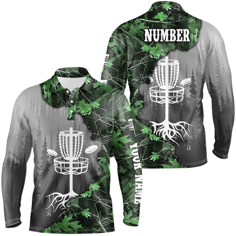 Mens disc golf polo shirt custom green camo forest tree disc golf basket, disc golf jerseys NQS8538