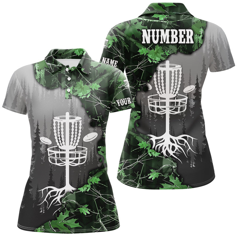 Womens disc golf polo shirt custom green camo forest tree disc golf basket, frisbee golf jerseys NQS8538