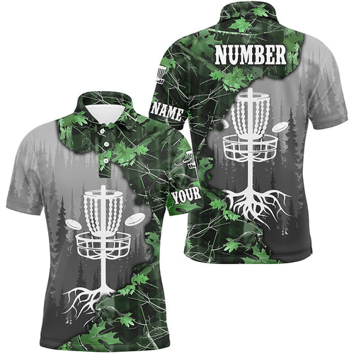 Mens disc golf polo shirt custom green camo forest tree disc golf basket, frisbee golf jerseys NQS8538