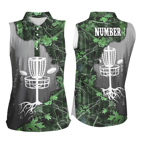 Women sleeveless disc golf polo shirt custom green camo forest disc golf basket, frisbee golf jerseys NQS8538