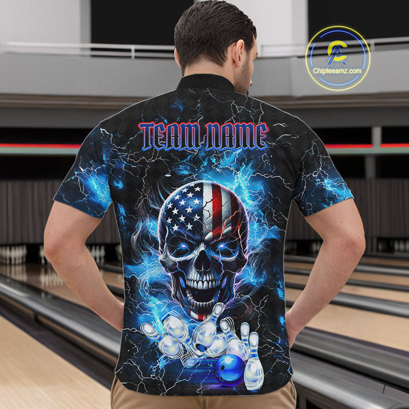 Blue Thunder Lightning American Flag Eagle Skull Mens Bowling Shirts Custom Bowling Team Jersey NQS10724