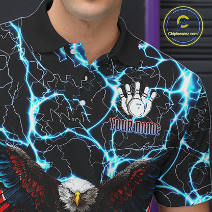 American Flag Eagle Skull Blue Lightning Thunder Mens Bowling Shirts Custom Bowling Team Jersey NQS10725