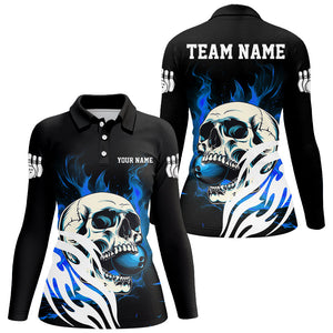 Black and Blue Skull Bowling Polo, Quarter Zip Shirts For Women Custom Bowling Team League Jersey NQS8781