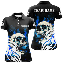 Load image into Gallery viewer, Black and Blue Skull Bowling Polo, Quarter Zip Shirts For Women Custom Bowling Team League Jersey NQS8781