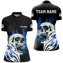 Load image into Gallery viewer, Black and Blue Skull Bowling Polo, Quarter Zip Shirts For Women Custom Bowling Team League Jersey NQS8781