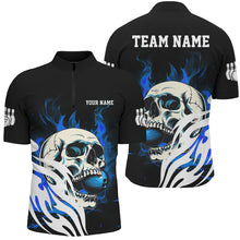 Load image into Gallery viewer, Black and Blue Skull Bowling Polo, Quarter Zip Shirts For Men Custom Bowling Team League Jersey NQS8781