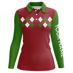 Green, Red and White argyle pattern Womens golf polo shirt custom Christmas golf attire for ladies NQS8784