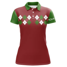 Load image into Gallery viewer, Green, Red and White argyle pattern Womens golf polo shirt custom Christmas golf attire for ladies NQS8784