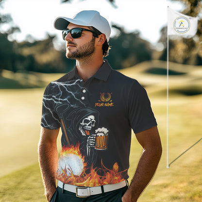 Funny Skull Reaper Lightning Flame Golf Polo Shirts For Men custom Golf & Beer That's why I'm here NQS10932