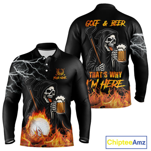 Funny Skull Reaper Lightning Flame Golf Polo Shirts For Men custom Golf & Beer That's why I'm here NQS10932