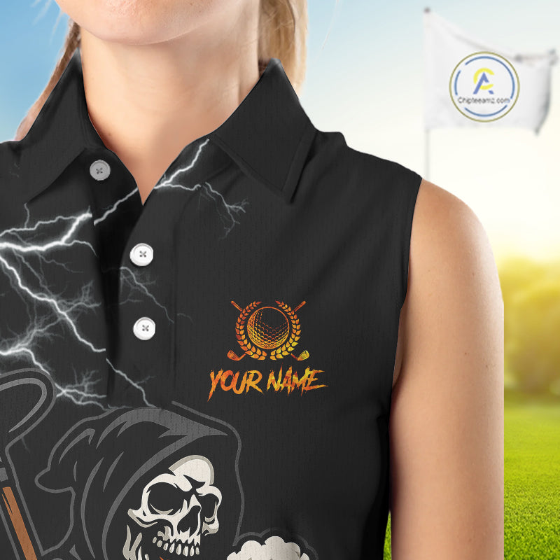 Funny Skull Reaper Lightning Flame Women Sleeveless Polo Shirt custom Golf & Beer That's why I'm here NQS10932