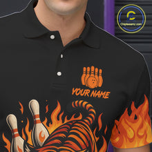 Load image into Gallery viewer, Black and Orange Flame Tiger Bowling Polo, 1/4 Zip Shirts for Men Custom Team Tiger Bowling Jersey NQS10935
