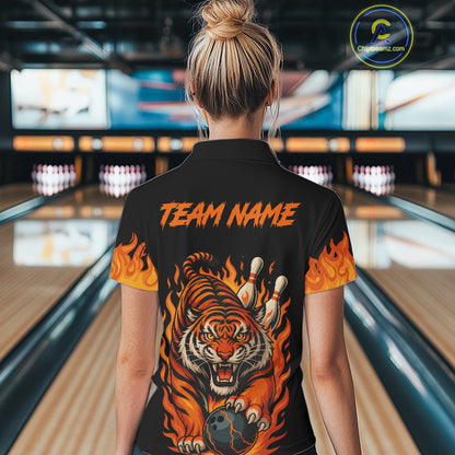 Black and Orange Flame Tiger Bowling Polo, 1/4 Zip Shirts for Women Custom Team Tiger Bowling Jersey NQS10935