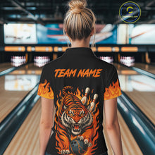 Load image into Gallery viewer, Black and Orange Flame Tiger Bowling Polo, 1/4 Zip Shirts for Women Custom Team Tiger Bowling Jersey NQS10935