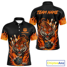 Load image into Gallery viewer, Black and Orange Flame Tiger Bowling Polo, 1/4 Zip Shirts for Men Custom Team Tiger Bowling Jersey NQS10935