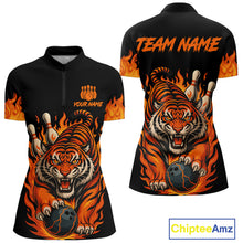 Load image into Gallery viewer, Black and Orange Flame Tiger Bowling Polo, 1/4 Zip Shirts for Women Custom Team Tiger Bowling Jersey NQS10935