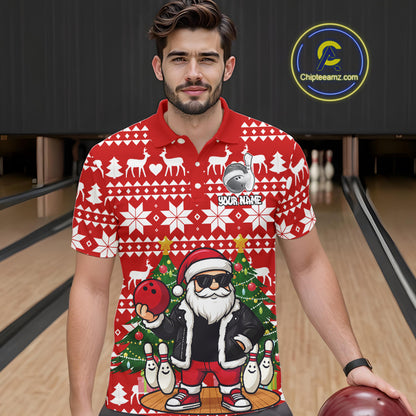 Funny Santa Christmas Mens Bowling Polo, Quarter Zip Shirts Custom Team Bowling Jersey | Red NQS10936