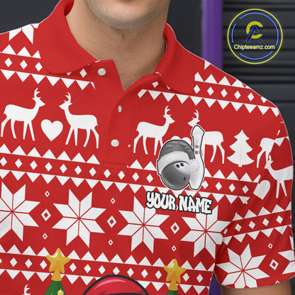 Funny Santa Christmas Mens Bowling Polo, Quarter Zip Shirts Custom Team Bowling Jersey | Red NQS10936