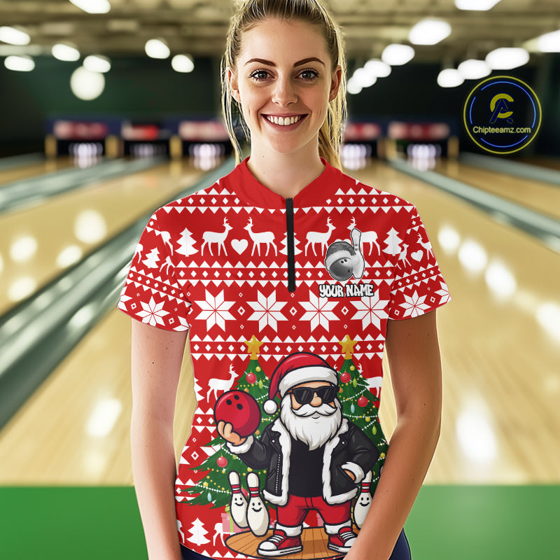Funny Santa Christmas Women Bowling Polo, Quarter Zip Shirt Custom Team Bowling Jersey | Red NQS10936