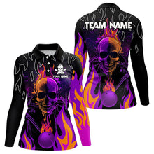 Load image into Gallery viewer, Personalized Purple Flame Skull Bowling Polo, Quarter Zip Shirts For Women Custom Team Bowling Jerseys NQS9252