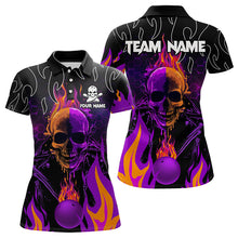 Load image into Gallery viewer, Personalized Purple Flame Skull Bowling Polo, Quarter Zip Shirts For Women Custom Team Bowling Jerseys NQS9252