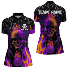 Load image into Gallery viewer, Personalized Purple Flame Skull Bowling Polo, Quarter Zip Shirts For Women Custom Team Bowling Jerseys NQS9252