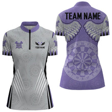 Load image into Gallery viewer, Dart Board Wings Camo Custom Team Dart Polo, Quarter Zip Shirt For Women, Ladies dart jersey | Purple NQS9253