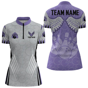 Personalized Bowling Polo, Quarter Zip Shirt For Women Custom Bowling Wings pattern Team Bowler Jersey NQS9254