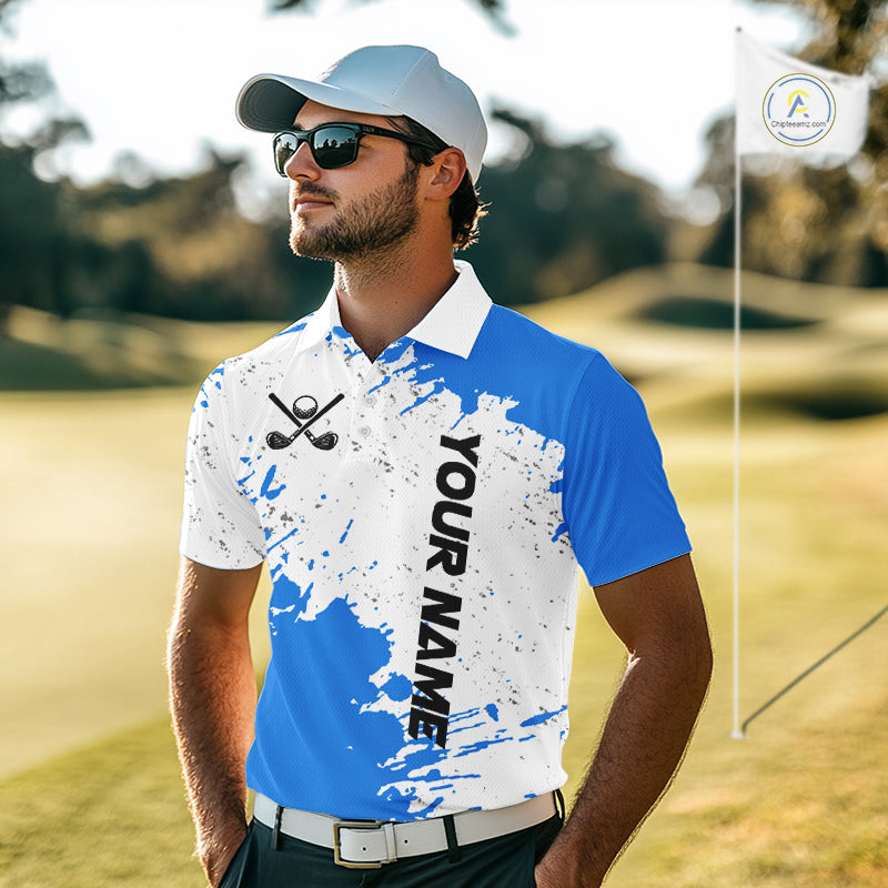 Blue and White Mens Golf polo shirts Custom team golf outfit, Personalized golf attire for men NQS11316