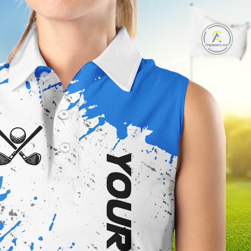 Blue and White Women's Sleeveless polo shirt Custom team golf outfit, golf attire for ladies NQS11316