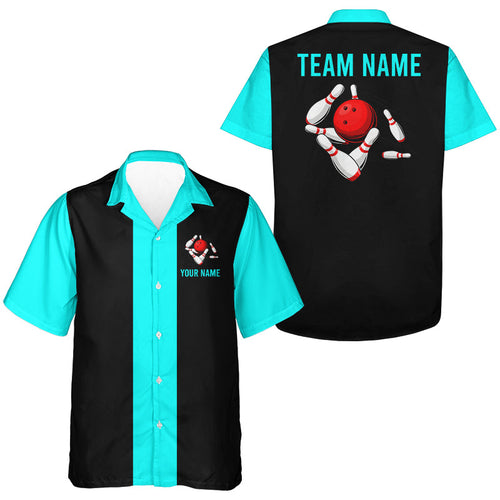 Personalized Cyan Blue and Black Retro Bowling hawaiian shirts Custom vintage Team button up shirts NQS9599