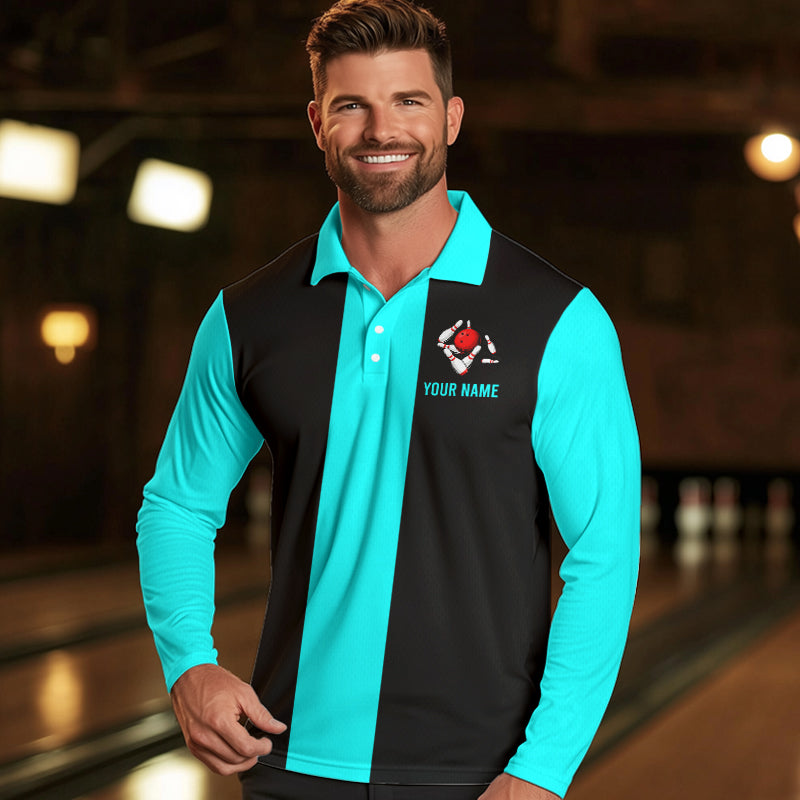 Personalized Cyan Blue and Black Retro Bowling Shirts For Men custom vintage bowling team jerseys NQS9599