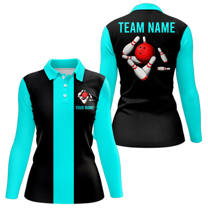 Personalized Cyan Blue and Black Retro Bowling Shirts For Women custom vintage bowling team jerseys NQS9599