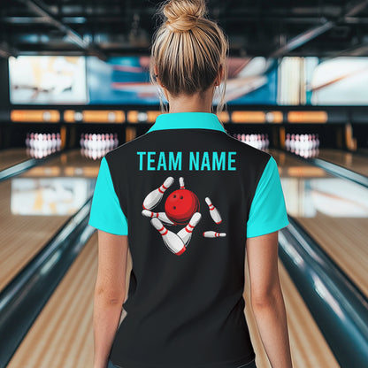Personalized Cyan Blue and Black Retro Bowling Shirts For Women custom vintage bowling team jerseys NQS9599