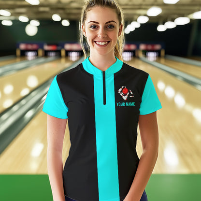 Personalized Cyan Blue and Black Retro Bowling Shirts For Women custom vintage bowling team jerseys NQS9599