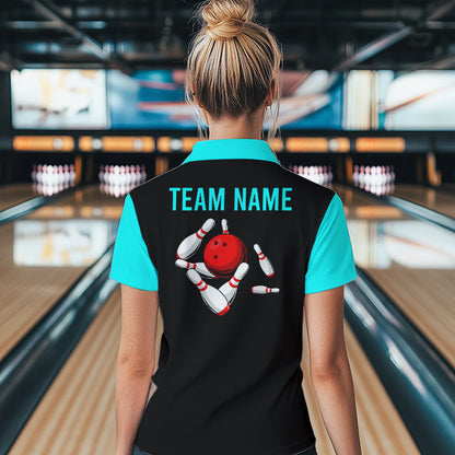 Personalized Cyan Blue and Black Retro Bowling Shirts For Women custom vintage bowling team jerseys NQS9599