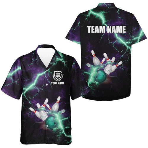 Bowling hawaiian shirts Custom Purple green lightning thunder button up shirts, gift for team Bowlers NQS9601