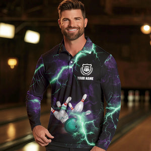 Men bowling shirts Custom Purple green lightning thunder Bowling Team Jersey, gift for team Bowlers NQS9601