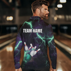 Men bowling shirts Custom Purple green lightning thunder Bowling Team Jersey, gift for team Bowlers NQS9601