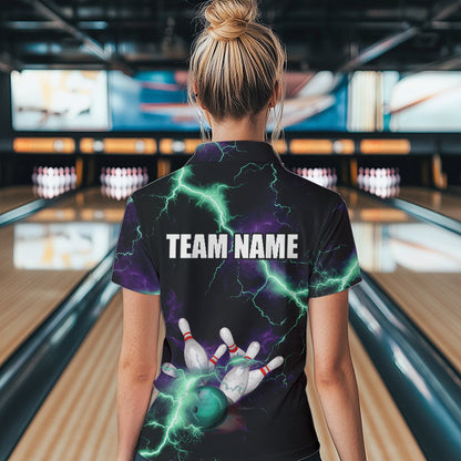 Women bowling shirts Custom Purple green lightning thunder Bowling Team Jersey, gift for team Bowlers NQS9601